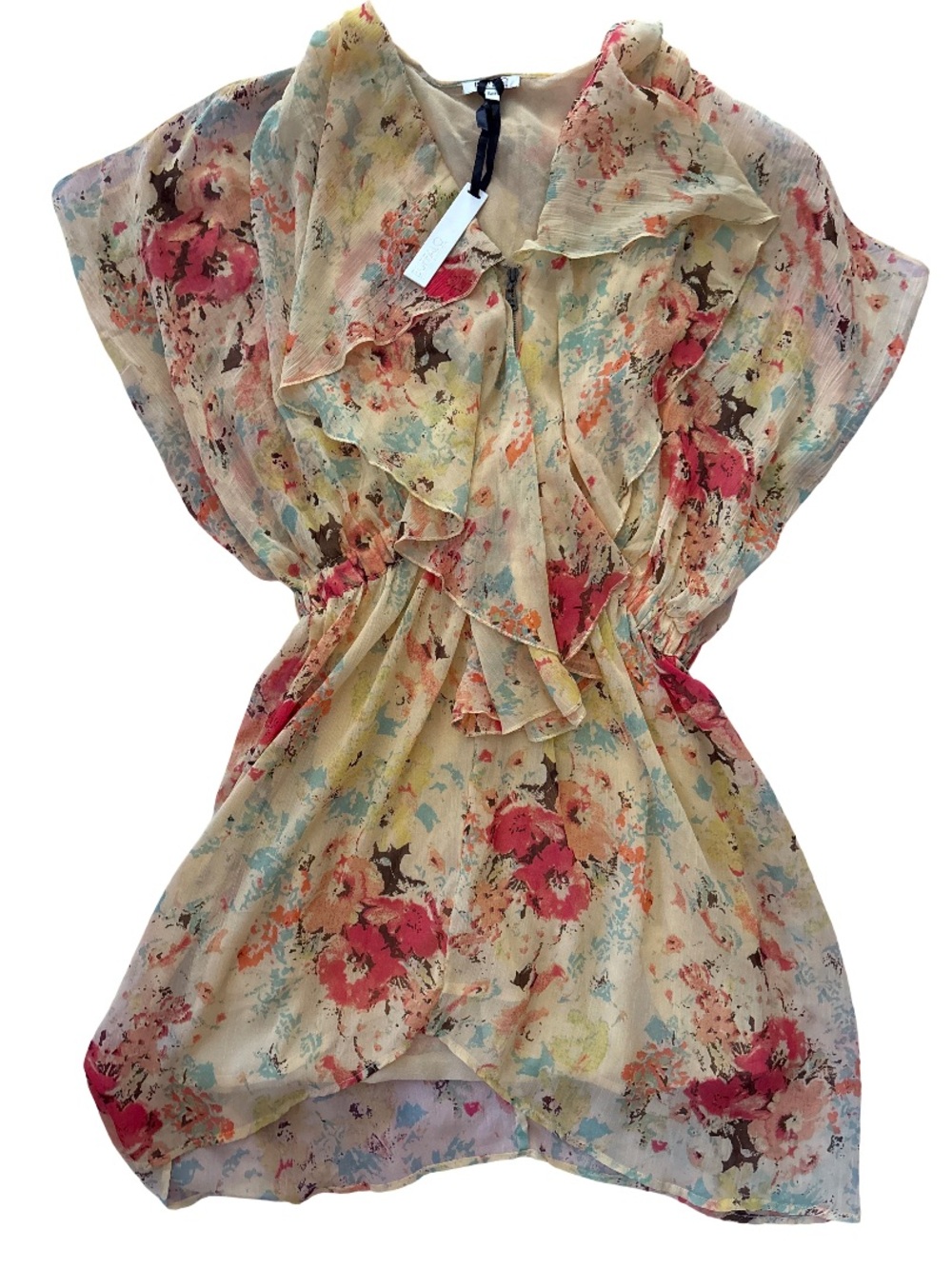Sheer Floral Ruffle V-Neck Dress - Beige Floral